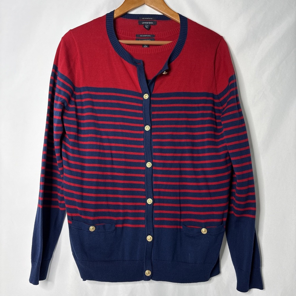 Womens Lands' End L 14/16 2 Pc Blue Red Striped ‎ Shirt & Cardigan Sweater Set